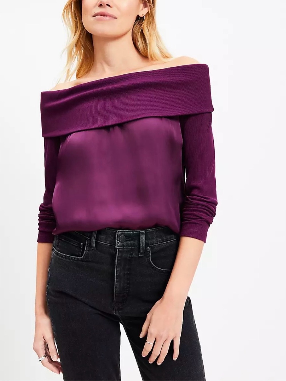 Loft Charmeuse Off The Shoulder Mixed Media Top NWT